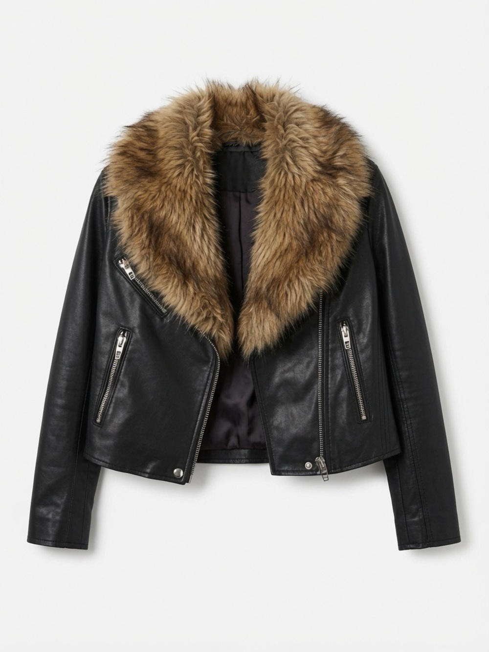 Blank NYC Black Faux Leather Jacket with Brown Faux Fur Collar